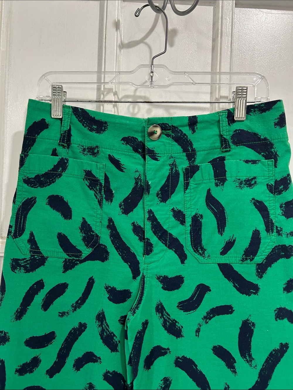 Maeve The Colette Wide Leg High Rise Pants in Green with Blue Brush Stroke Print - Picture 5 of 9